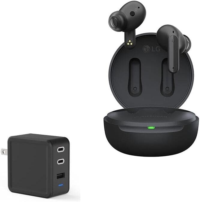 BoxWave Charger Compatible with LG Tone Free FP5 - PD GaNCharge Wall Charger (65W), 65W Tiny PD GAN Type-C and Type-A Wall Charger - Jet Black