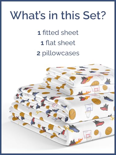 Image of Kids Full Size Basketball Bed Sheets - 4 Piece Kids Basketball Sheet Set | Basketball Themed Bedding, Ultra-Soft, Cute & Cozy, Breathable & Machine Washable, Bed Set for Boys, Girls & Teens & Cooling