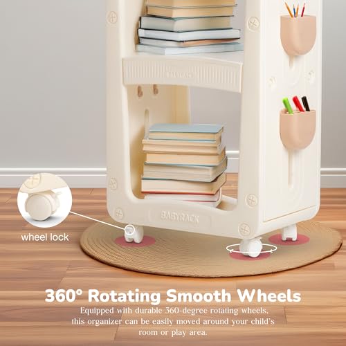 Image of BAYBEE Kids Book Shelf Rack for Home Small Bookshelf for Babies, Toy Storage Organiser for Kids Room, Baby Storage Rack for Kitchen, Bathroom, Living Room, Storage Wagon Cabinet 360 Rotating Wheels