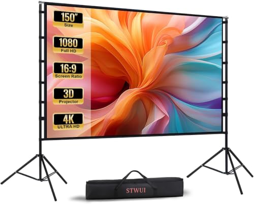 Image of STWUI Projector Screen with Stand - 150 Inch Portable Projector Screens Outdoor Indoor Projector Screen 16:9 4K HD Outdoor Movie Screen with Carry Bag,Enjoy Home Theater Projection Screen