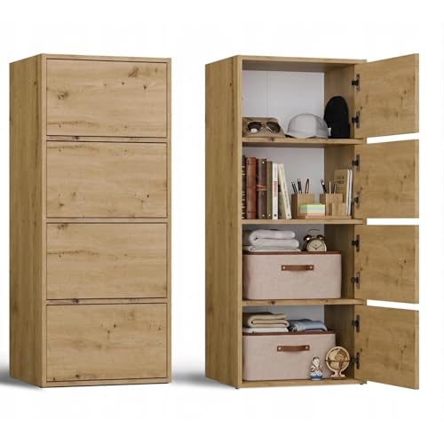 CDF Armoire De Rangement Haute 50cm 4 Portes 4 Étagères Salon Bureau Entrée Chambre Couloir Meuble Buffet Commode Placard Dressing Vestiaire Casier Fin...