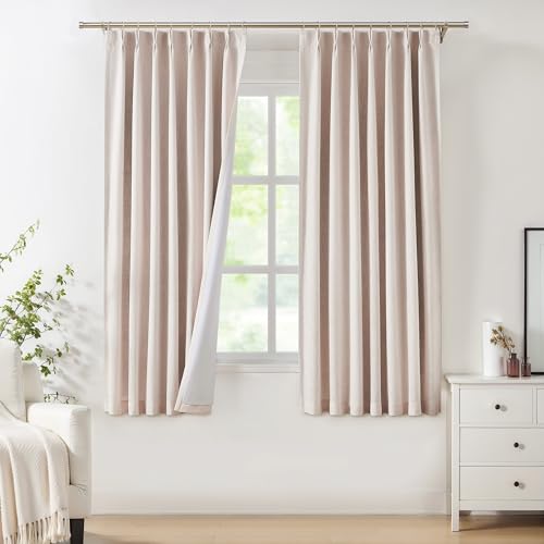 Pinch Pleated Blackout Curtain Panels with Full Blackout Liner Linen Texture Window Treatment Sets with Back Tab for Living Room Bedroom Thermal Insulated Drape with 9 Hooks, 40"x72"x2, Pink