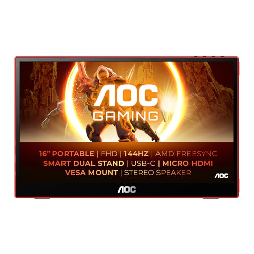Image of AOC 16G3-16-inch Portable Gaming Monitor Full HD, FreeSync (1920x1080, 144 Hz, MicroHDMI 1.4, USB-C) Black-red