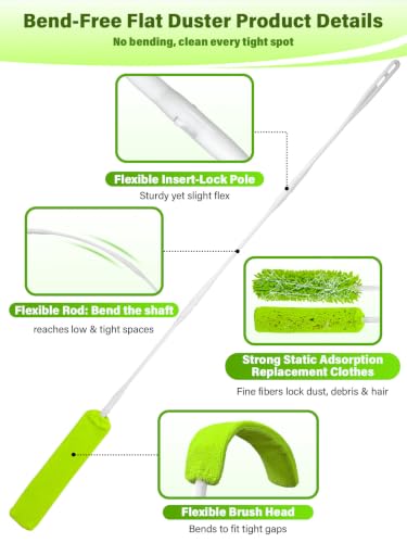 Image of Bend-Free Gap Dust Cleaner Cleaning Tools Washable Flat Duster Brush with 4 Microfiber Chenille Dusting Cloths Long Handle 56 inches for Cleaning Under Appliances Furniture Couch Bed Fridge
