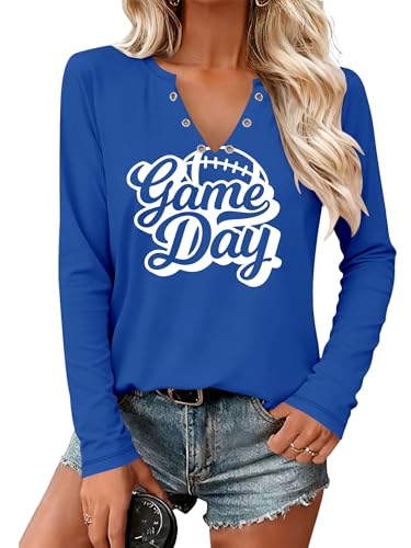 NQIQO Women Game Day Shirt Sunday Football Tee Tops Notched Neck Game Day Graphic Long Sleeve Outfits Blue M