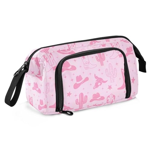 Image of Western Cowboy Pink Pencil Case Pouch Big Capacity Pencil Bag Box Organizer Pen Case Pencil Pouch Aesthetic with Handle for Teen Girls Boy College Women School