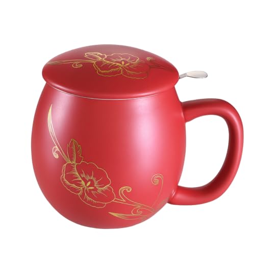 Image of Yundu 12 OZ Ceramic Mug with Lid & Tea Strainer - Matte Red Tea Cup with Golden Flower, Stainless Steel Infuser for Loose Leaf Tea