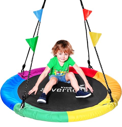 SEVERNO Balançoire nid pour enfants, diamètre : 100 cm, hauteur réglable : 140 à 180 cm, capacité de charge : 150 kg, multicolore avec drapeaux