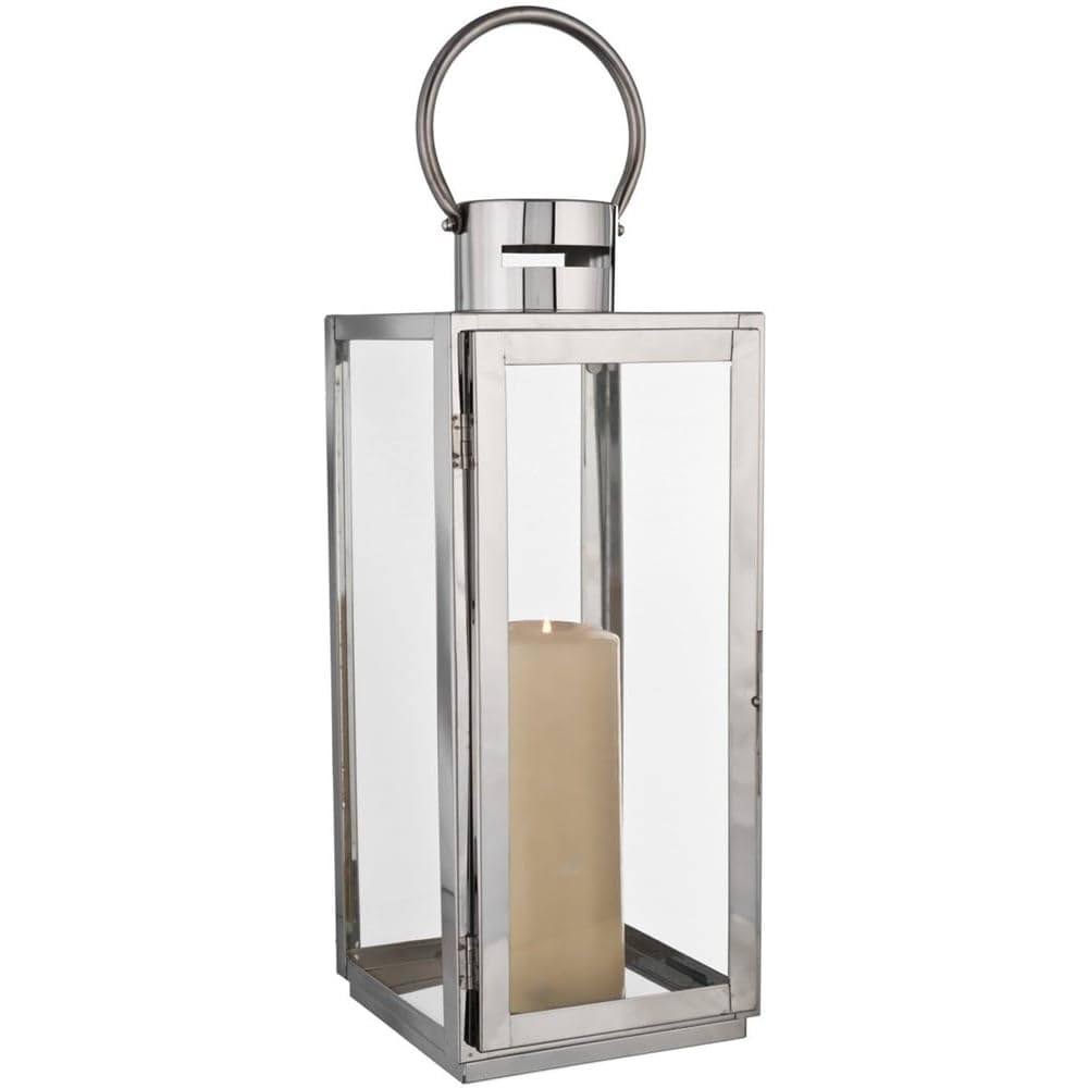 wilko Candle Holder Lantern, 15 x 17 x 16cm, Silver, Stainless Steel and Glass, Contemporary Home Decor