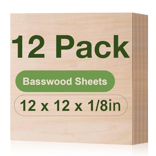Wowood 12 Pack Basswood Sheets, 12 x 12 x 1/8 Inch-A/A Grade, 3mm Thin Plywood Sheets with Smooth Surfaces, Unfinished Wood for Laser Cutting, Wood Burning, Architectural Models and DIY Wood Crafts