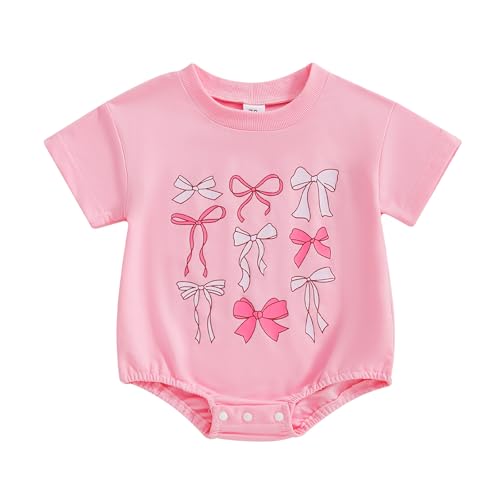 Image of Honganda Newborn Baby Girl Summer Romper Sweatshirt Short Sleeve Bow Print Onesie Graphic Bodysuit One Piece Outfit