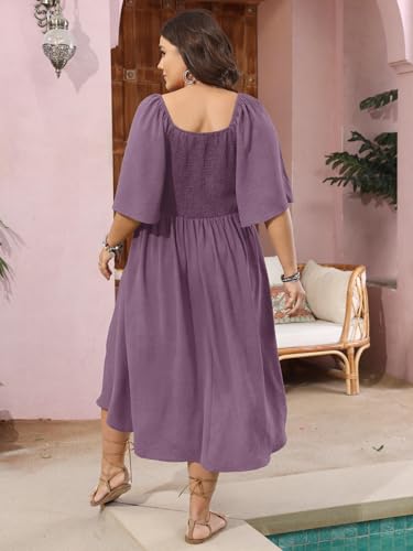 Image of SCOMCHIC Plus Size Summer Dress Casual Short Sleeve Bow Tie Deep V Neck Smocked Button Down Midi Flowy A-line Boho Dresses