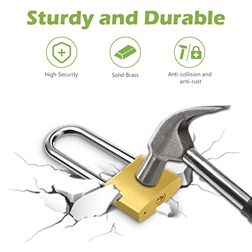 Keekit Brass Padlock, Long Shackle Heavy Duty Lock With Keys, Outdoor Waterproof Gate Solid Brass Lock For Locker, Fence, Case, Gym, School And Employee Locker, Toolbox, 2 Pack #TOP2