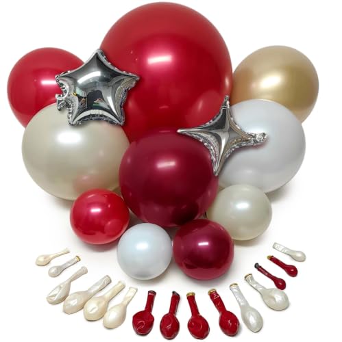 Image of Rose Red White Balloon Arch Double Stuffed Burgundy Gold Pearl Balloon Kit | Fuchsia sand white gold sliver star foil balloon garland for Birthday Wedding Bridal Shower Christmas Valentines party decor