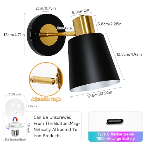 Image of 2 Pack Black Rechargeable Battery Operated Wall Sconces, Vintage Wireless Battery Powered Wall Lights with Remote, 15 RGB Dimmable, Cordless Wall Decor Lamp Indoor for Bedroom Living Room Hallway
