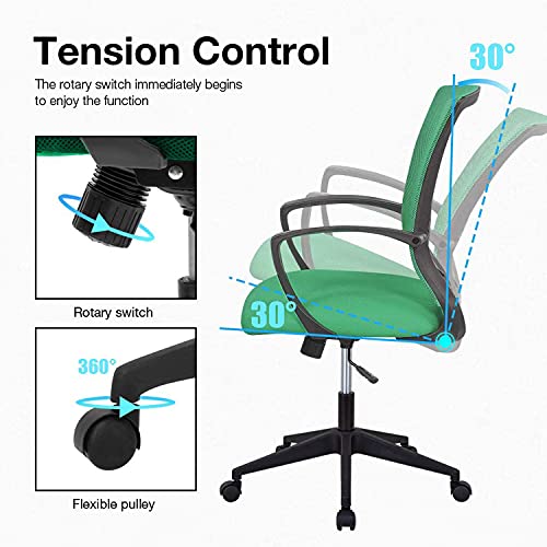 Hkeli Home Office Chair Mesh Ergonomic Desk Chair Mid Back Computer Chair Cheap With Lumbar Support, Wheels, Armrest Adjustable Height Executive Rolling Swivel Task Chair For Women Men, Green #TOP2