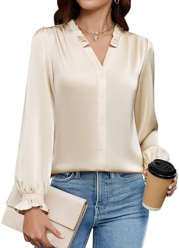 Blooming Jelly Womens Silk Button Down Shirts Dressy Business Casual Blouses Long Sleeve Fall Outifis 2025 Trendy（Apricot,Small