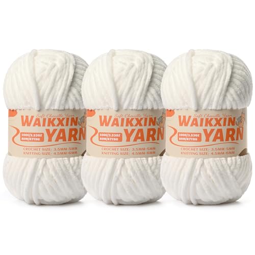 Image of (3 Snow White) 3 Pack Super Soft Fuzzy Chenille Chunky Yarn for Crocheting, 300g (261yds) Velvet Fluffy Amigurumi Yarn for Hand Knitting Baby Blankets Weaving Craft