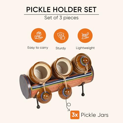 Image of AAKRITI ART CREATIONS Chatore Barni Set of 3 with Stylish Tubular Stand | Glass Achar ki Barni & Mukhwas Box | Modern Art Kitchen Storage Jar for Spice & Pickle | Traditional Achaar Barni for Kitchen