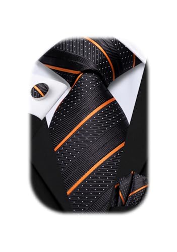 Hi-Tie Men Ties Sets Silk Stripe Paisley Necktie Pocket Square Cufflinks for Business Wedding Black Orange