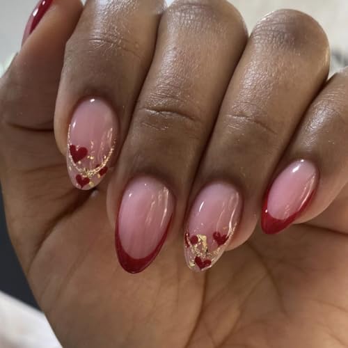 24 uñas postizas cortas para el día de San Valentín, estilo almendra, punta francesa, corazón brillante, pegamentos brillantes a presión