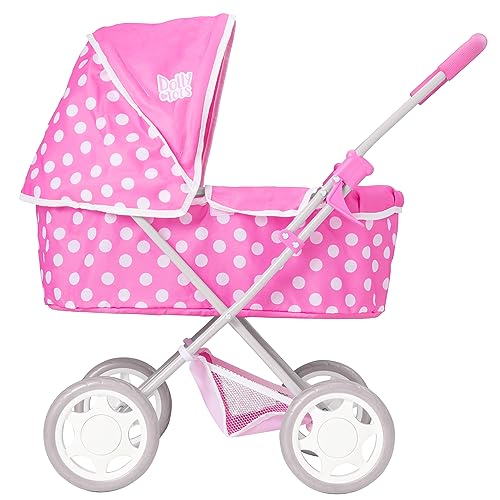 Dolly Tots Puppenwagen in Pink mit Polka-Dots | Kinder-Puppenbuggy mit klappbarem Verdeck & praktischem Stauraum | Reisesystem für Puppen | Zubehör & Spielzeug-Puppenwagen ab 3 Jahren – Bild 5