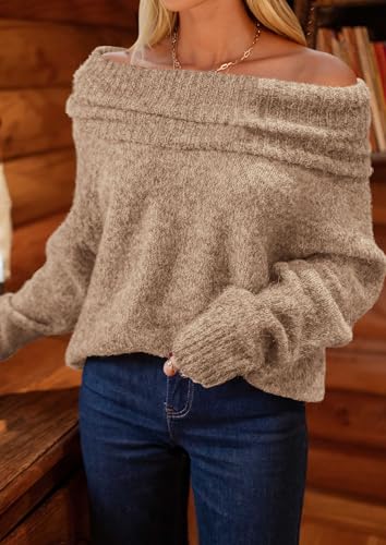 PRETTYGARDEN Women's Off The Shoulder Sweater Long Sleeve Tops 2025 Fall Loose Knit Pullover Sweaters Winter Clothes