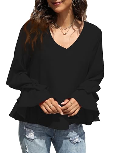 LYANER Women's Casual V Neck Tiered Ruffle Bell Long Sleeve Blouse Shirt Tunic Top4