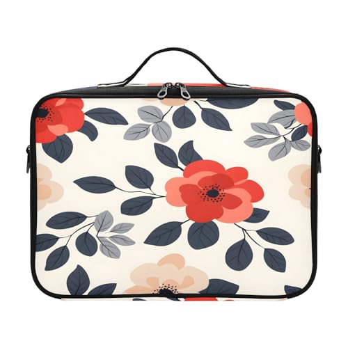 zyrtty Travel Makeup Train Case Flower Leaves Red Pattern Black Leaves Cosmetic Organizer Portable Storage Bag with Adjustable Dividers for Cosmetics Brushes Toiletry Jewelry Digital Accessories