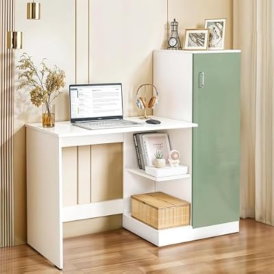 ABOUT SPACE Study Table with Cabinet - Computer Table with Bottom Storage Space DIY Engineered Wood Office Desk with Adjustable Shelves for PC Laptop Gaming (White, Green-L 124 x B 44 x H 121.5 cm)