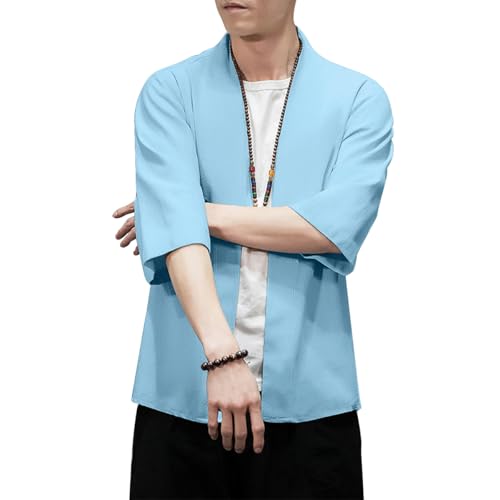 PRIJOUHE Men's Kimono Jackets Cardigan Lightweight Casual Cotton Blends Linen Seven Sleeves Open Front Coat Outwear