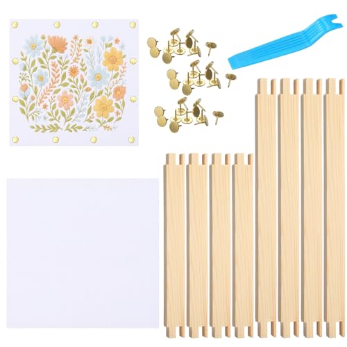 Image of Threehoney 50 Pcs Needlepoint Stretcher Bars Kit 8 Wooden Stretcher Bars, 40 Thumb Tacks and White Cloth Multi Size Embroidery Frame DIY Needlework Craft for Cross Stitch Art Accessories
