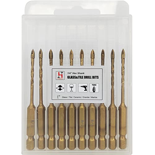 Hymnorq 1/8 Inch Masonry Drill Bits 10Pc Pack, 4 Edges Yg6X Carbide Tipped Cross Spear Head, 1/4 Hex Shank, Titanium Coated Surface, Multi-Purpose For Glass Tile Concrete Wood Ceramic Brick Marble #TOP7