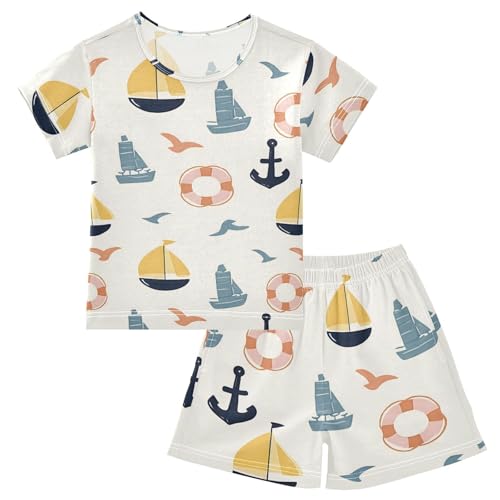Cartoon Anchor Sailboat Pajama Set, Short Sleeve Cotton Sleepwear Nightwear