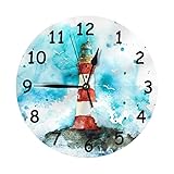 WILL BUDXEG Watercolor Blue Cape Lighthouse Dreams Nautical Round Home Wall Clock Non Ticking Silent
