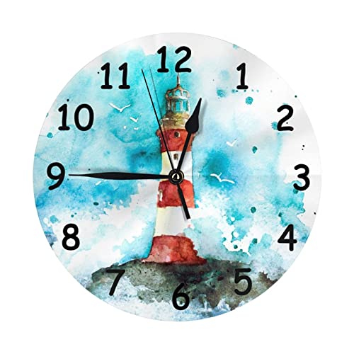 Will Budxeg Watercolor Blue Cape Lighthouse Dreams Nautical Round Home Wall Clock Non Ticking Silent Quality Quartz Battery Operated 10 Inch Round Clock Easy To Read Decorative For Home Office School #TOP24