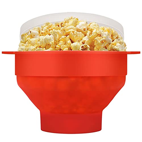 Flexzion Silicone Microwave Popcorn Popper BPA Free Collapsible Popcorn Bowl Microwavable Pop Corn Maker with Lid and Handle Dishwasher Safe Silicon Bucket for Parties and Movie Nights, Red