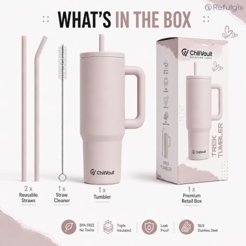 Image of REFULGIX ChillVault 1200ml Stainless Steel Tumbler | Double-Wall Insulated Travel Mug with Handle, 2 Straws & Leak-Proof Lid | Keeps Drinks Hot & Cold | Creamstone