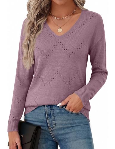 Image of Zeagoo Womens Sweaters Fall Trendy Casual Long Sleeve Shirt Lightweight V Neck Off Shoulder Crochet Pullover Top Outfit