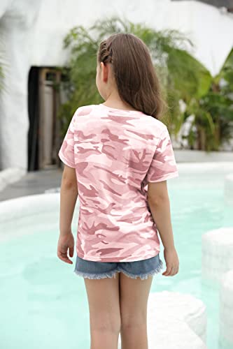 Image of Girls Camouflage Stripe Short Sleeve Shirts V Neck Criss Cross Tees Sweat Kids Casual Sport Tops Blouse(4-15T)