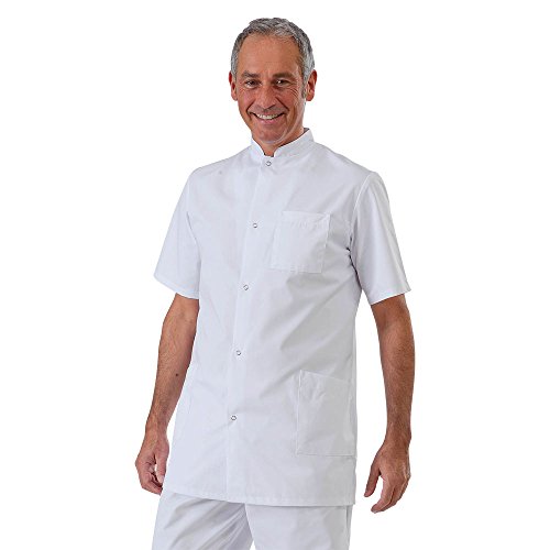 Hurry Jump Label blouse Tunique médicale homme col officier 3 poches fermeture pressions Sergé 210 gramme Couleurs Blanc Pressions inoxydables Lavage Machine 90 degrés ou industriel T5-52/54