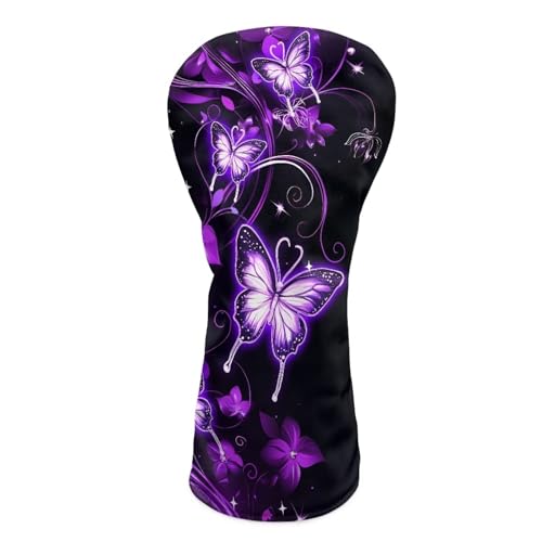 ELEQIN Leather Headcovers Purple Butterfly Golf Club Head Covers for Hybrid Fairway 3/5 Woods Driver Outdoors Sports Golf Accessories for Women Ladies Golfers Travel Daily Decor
