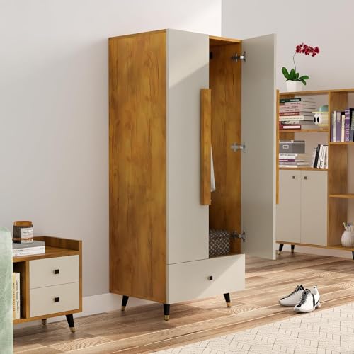 Image of Bniture Wooden Almirah for Clothes, Door for Bedroom, 2 Door Wardrobe with Drawer & Hanging Space (45D x 60W x 150H CM) | 3 Year Warranty (Giant Wood & Frosty White)