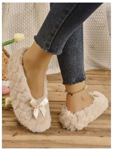OYOANGLE Women's Bow Furry House Slipper Socks Closed Toe Non-Slip Fuzzy Warm Slippers3