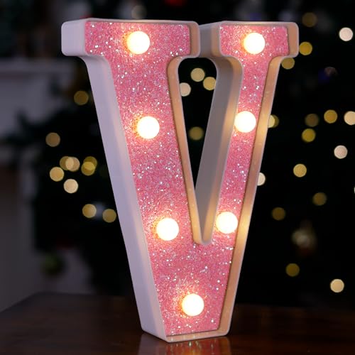 Image of LED Letter Lights - Pink Glitter Marquee Letters Light Up Alphabet Signs - Battery Powered Home Party Decoration Night Bar Wedding Birthday Christmas Lamp Girls Gift - V
