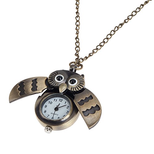 Charming Retro Style Bronze Metal Pocket Necklace Watch With Cute Owl Shaped Pendant Casing On Long Chain By VAGA