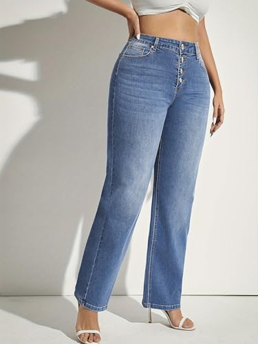 Plus Size High Waist Button Fly Wide Leg Jeans for Women – Stretch Denim Straight Leg Pants with Pockets2