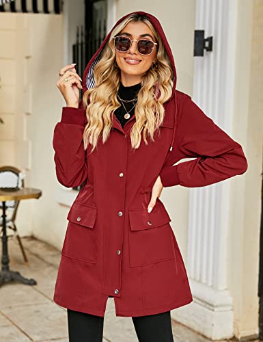 Bloggerlove Womens Raincoats Waterproof With Hood Trench Coats Lined Windbreaker Travel Jacket Wine Red L #TOP3