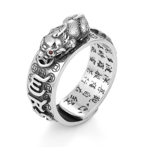 qczoyp Adjustable Pixiu Ring with Heart Sutra Mantra, Silver Plated Copper Ring for Men, Vintage Feng Shui Style Chinese Jewelry (Pixiu, Silver)