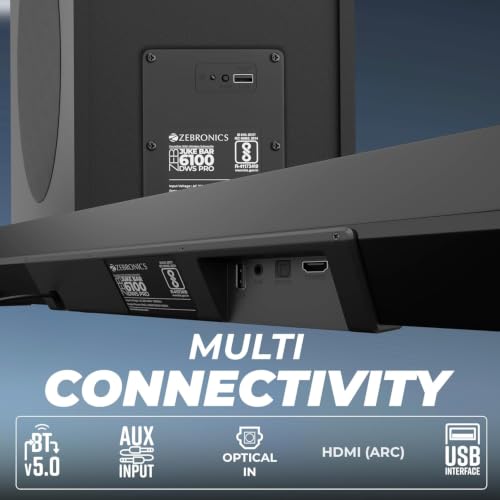 Image of ZEBRONICS Juke BAR 6100DWS PRO 340W with Multi Connectivity (BT 5.0 | HDMI (ARC) |Optical in | USB | AUX),Wireless Subwoofer,RGB LED Lights, Wall Mountable Sound Bar with Virtual 5.1 and LED Display